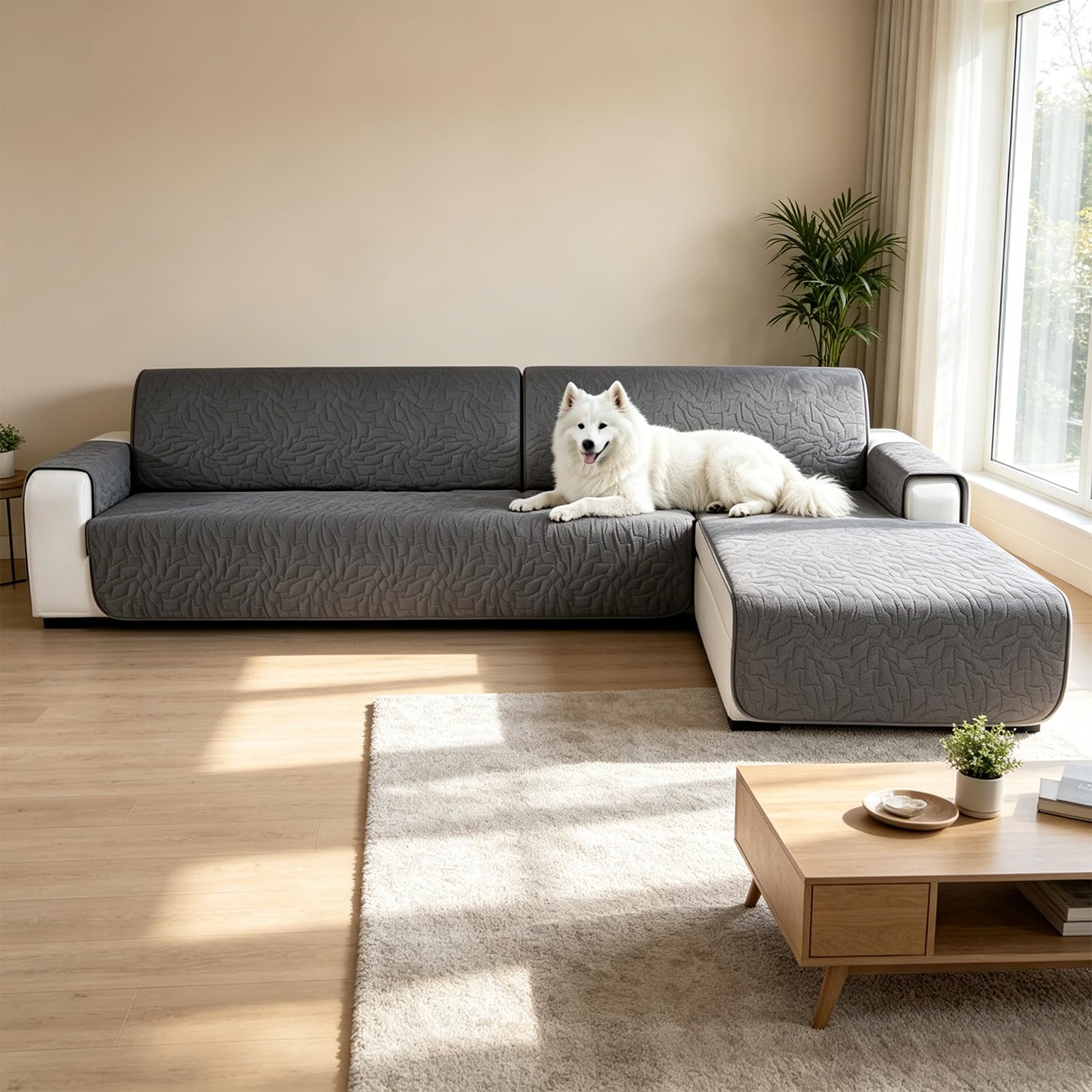 LOMUG Wasserdicht Sofabezug L Form 3 Sitzer, rutschfest Sofa Überzug Ecksofa, Ecksofa Bezug Rechts/Links Universal Reversibel, Sofa Überzug L Form Mit Armlehne, Für Hund Katze, Dunkelgrau