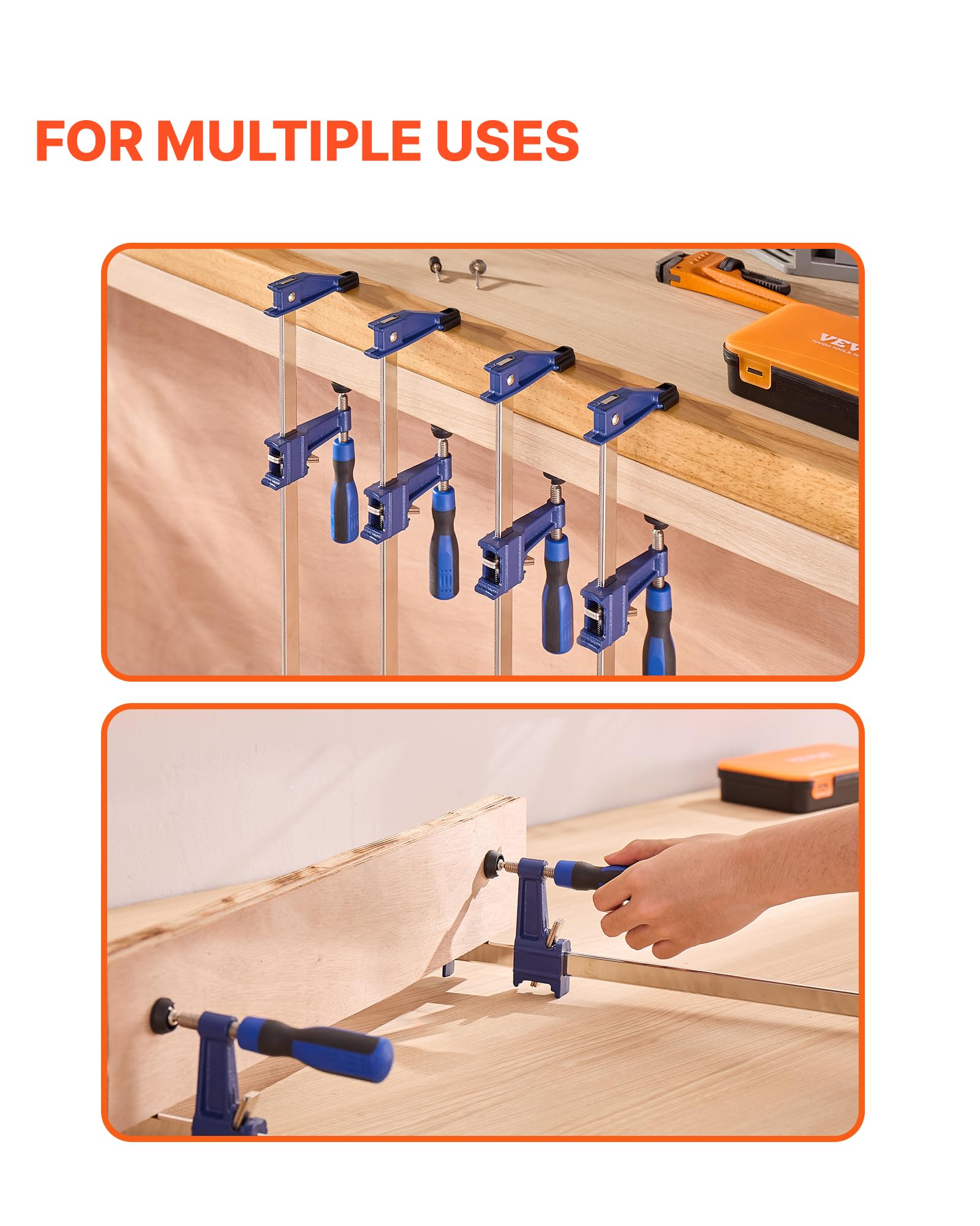 VEVOR Serre-Joints Verrouillable 4PCs Ouverture de la Mâchoire 91,4 cm, Pince Écarteur en F Capacité Max. 272 kg, Profondeur 6,35 cm, en Fonte et Acier au Carbone, Facile à Utiliser, pour Menuisier