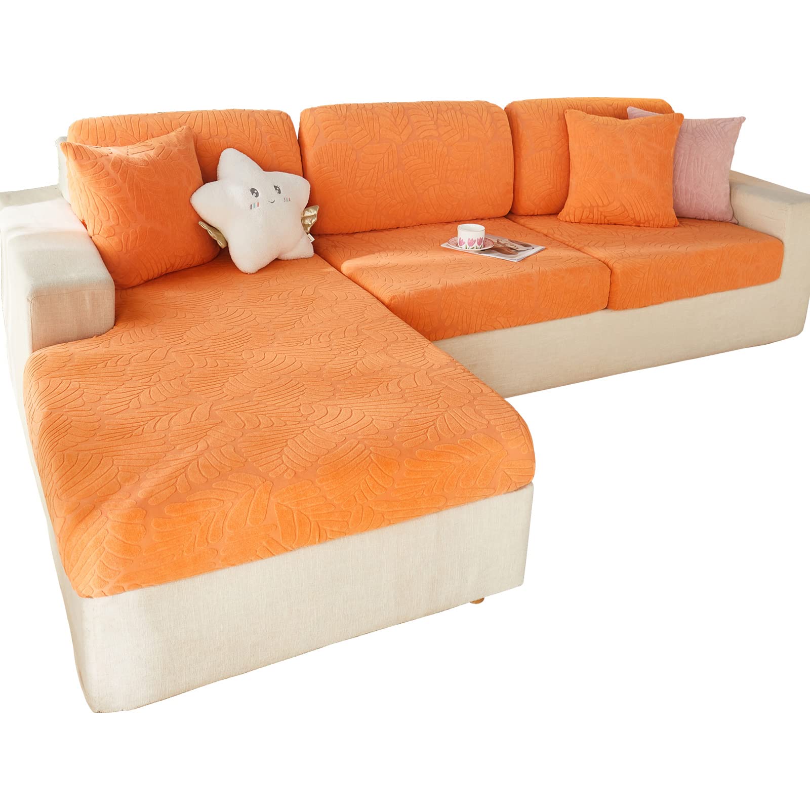 MIFXIN Sofa Cover Stretch Universal Couch Cushion Back Slipcovers Elastic Anti-Slip L Shape Sofa Cushion Slipcover Furniture Protector (Leaves Orange, Headrest Cover)