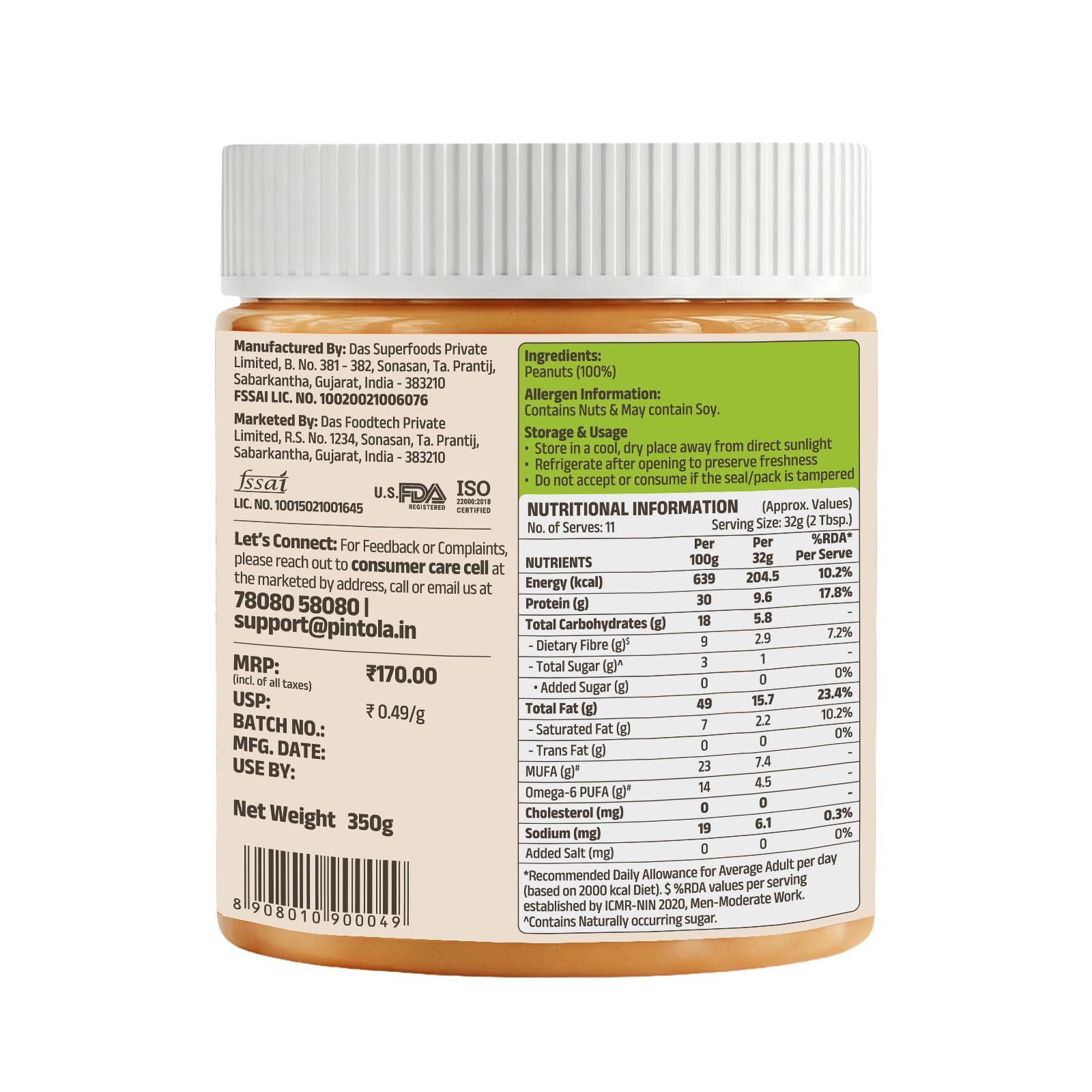 Pintola Beurre d'arachide tout naturel (crémeux) | non sucré | 30g Protéines | Sans OGM | Sans gluten | Sans cholestérol (350g)