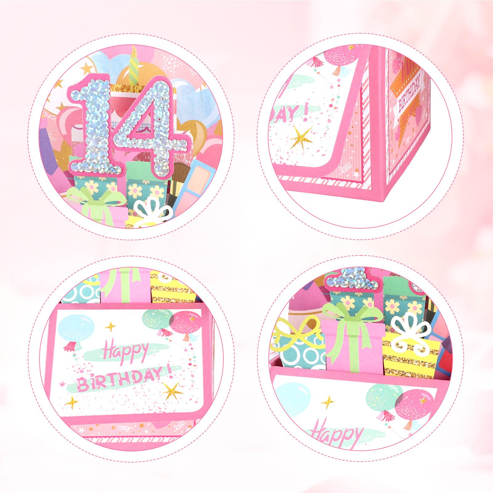 Biglietto Pop-up 3D Lucido 14th Happy Birthday con Busta, Cartolina Compleanno per Ragazza