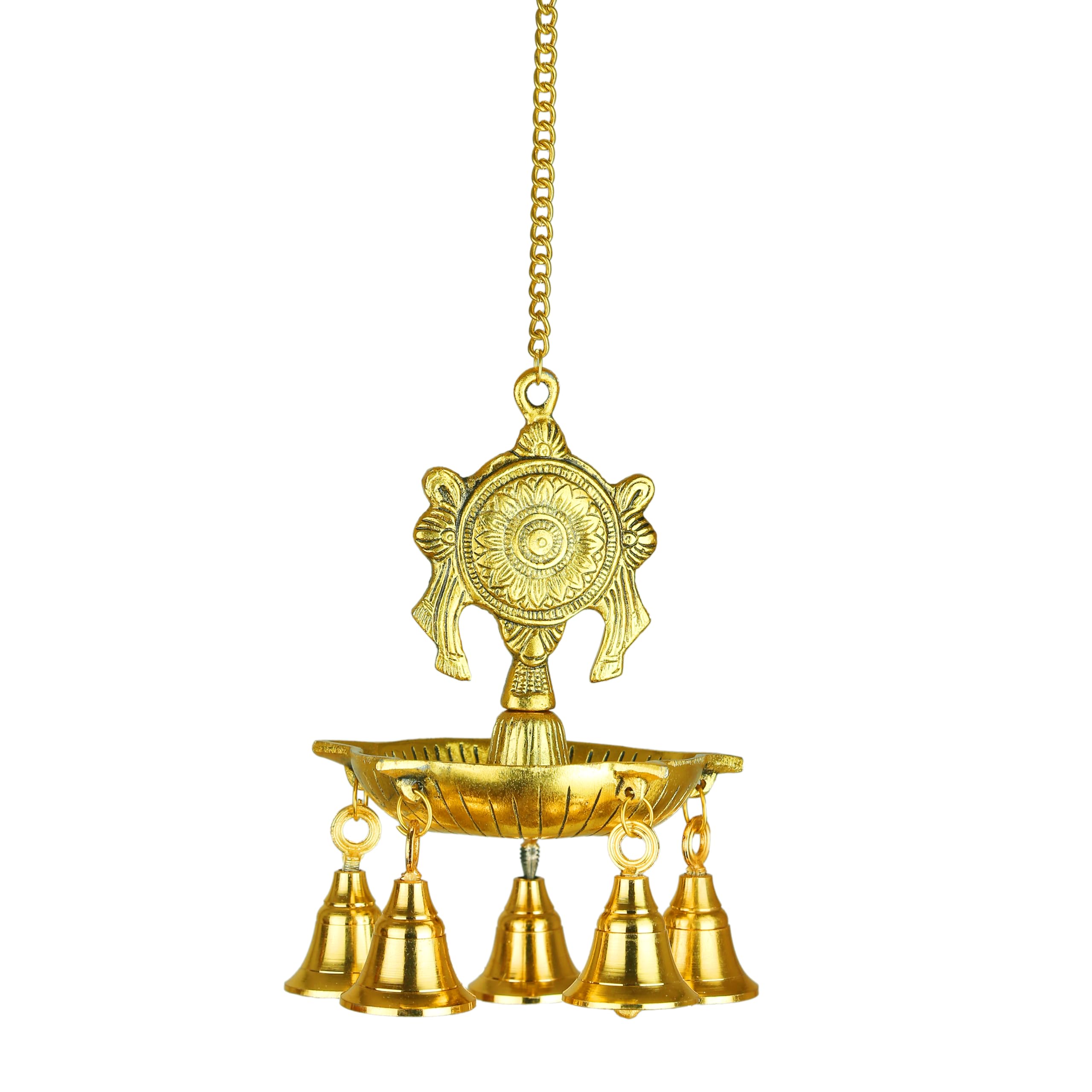 Metal Diya Wall Hanging Diya Deepak Oil Lamp with Bell Oxidized White Gold Plated Puja Indian Traditional Housewarming Festival New Year Decoration Pooja Items for Decor (Size: 19