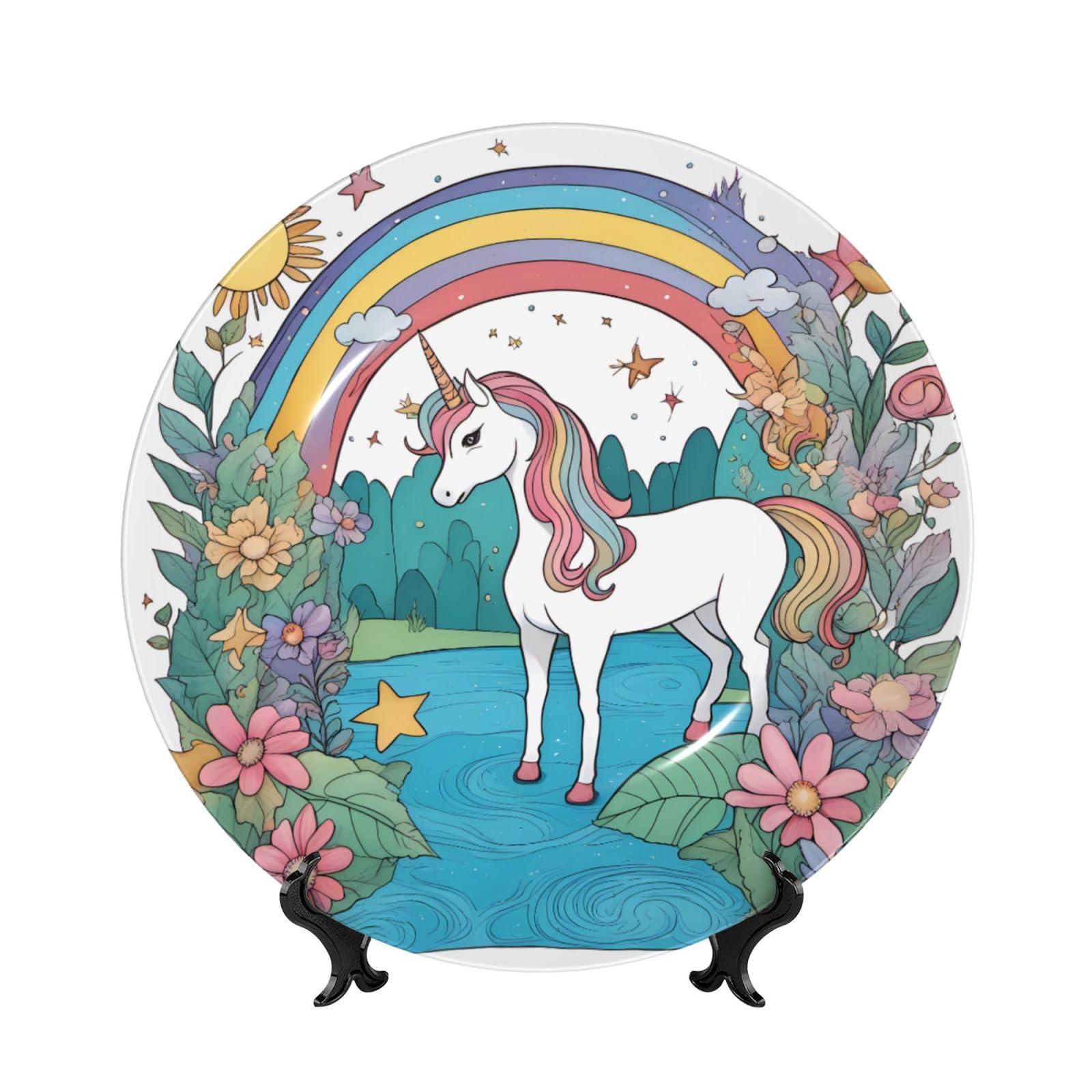 SXZVVBN Unicorns by the river Bone China Decorative Plate Art with Stand Removable Adhesive Hanging for Home Office 7in