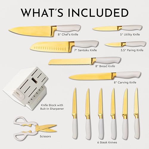Miniatura 8 de Juego de cuchillos blancos y dorados con bloque autoafilable y utensilios de cocina de latón para cocina moderna, 19 piezas de accesorios de cocina