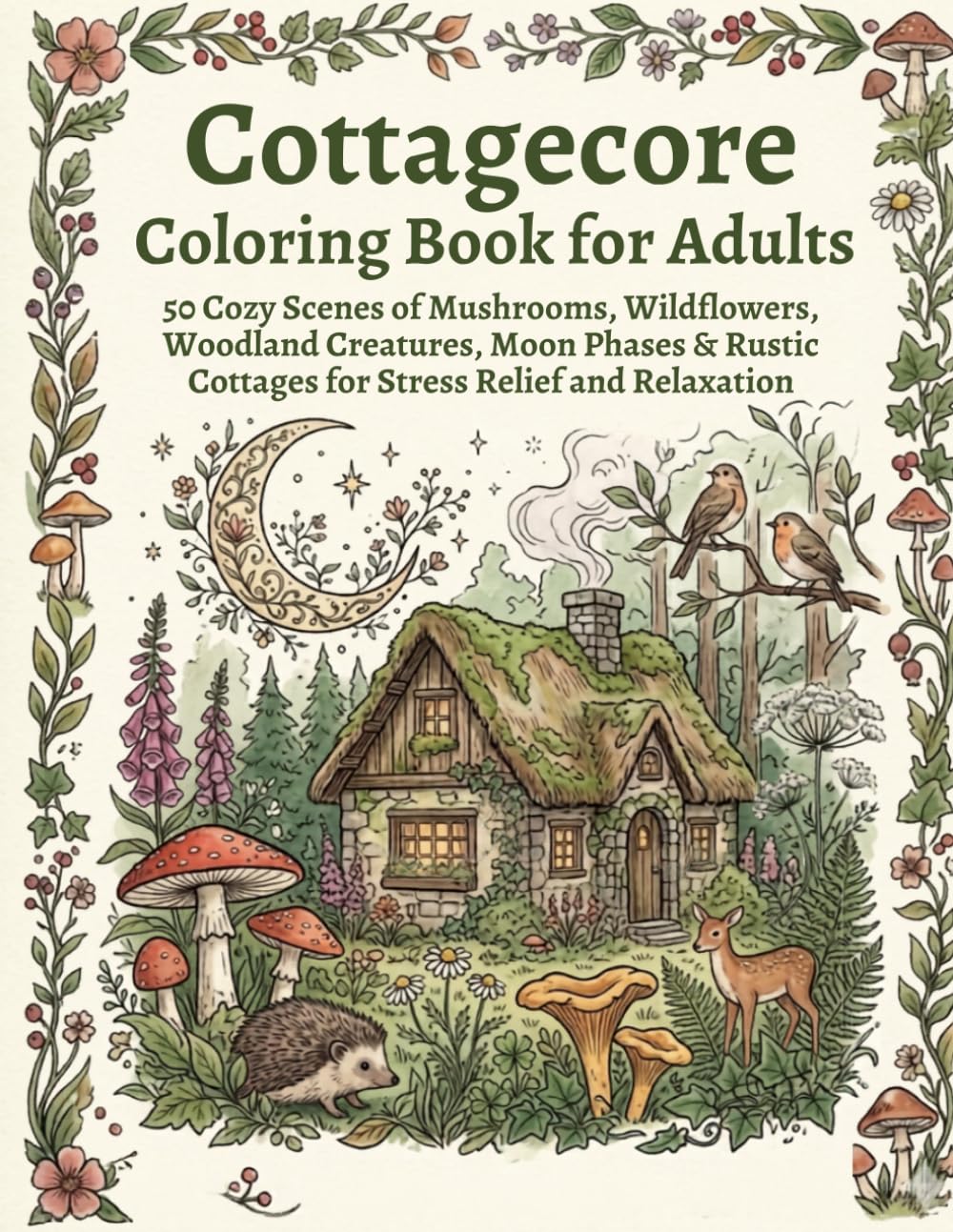 Cottagecore Coloring Book for Adults: 50 Cozy Scenes of Mushrooms, Wildflowers, Woodland Creatures, Moon Phases & Rustic Cottages for Stress Relief and Relaxation