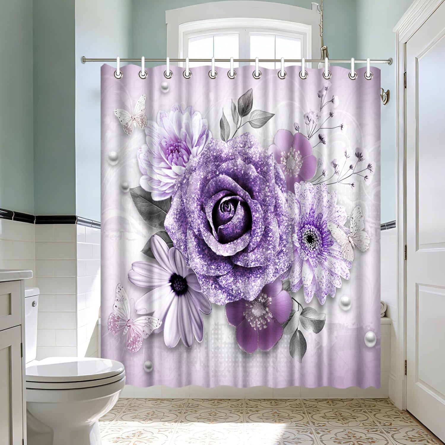 Purple Floral Shower Curtain with Butterfly Prints Elegant Rose Flower Bathroom Decor Waterproof Polyester Bath Curtain 72x72 Inch with Hooks