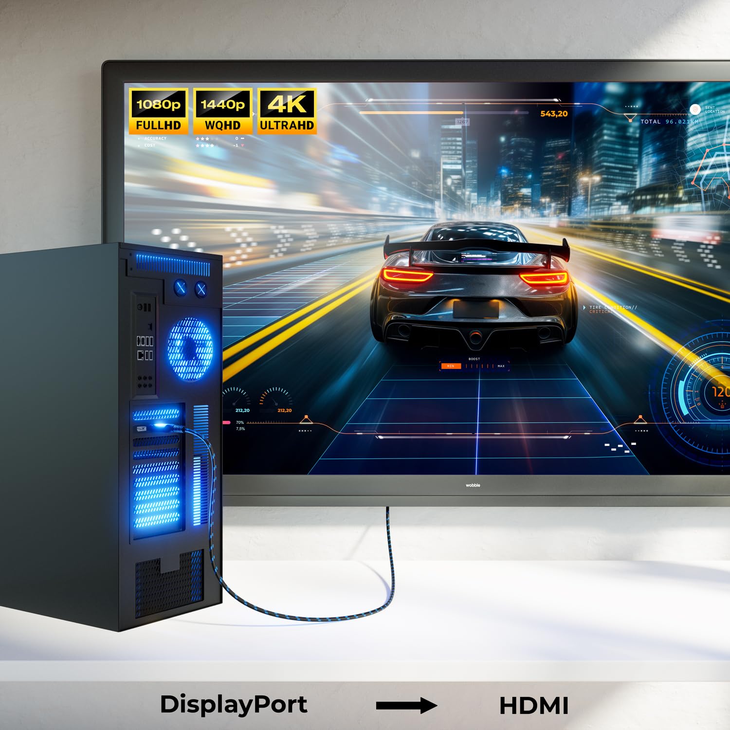 deleyCON 0,5m 4K DisplayPort vers HDMI Câble Court (pour HDMI Moniteur, TV, Projecteur) - 1080P@60Hz / 4K@30Hz - Connecteur Aluminium + Gaine Nylon - pour DP Ordinateur, PC, Carte Graphique