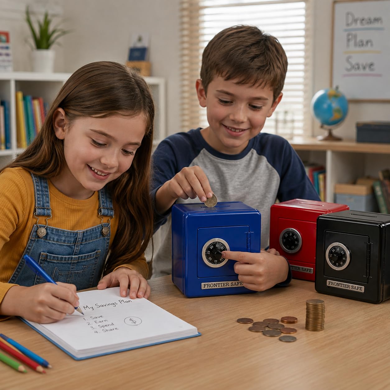 The Dreidel Company Caja fuerte de metal con cerradura de combinación, hucha de frontera segura para niños, forma divertida y segura de