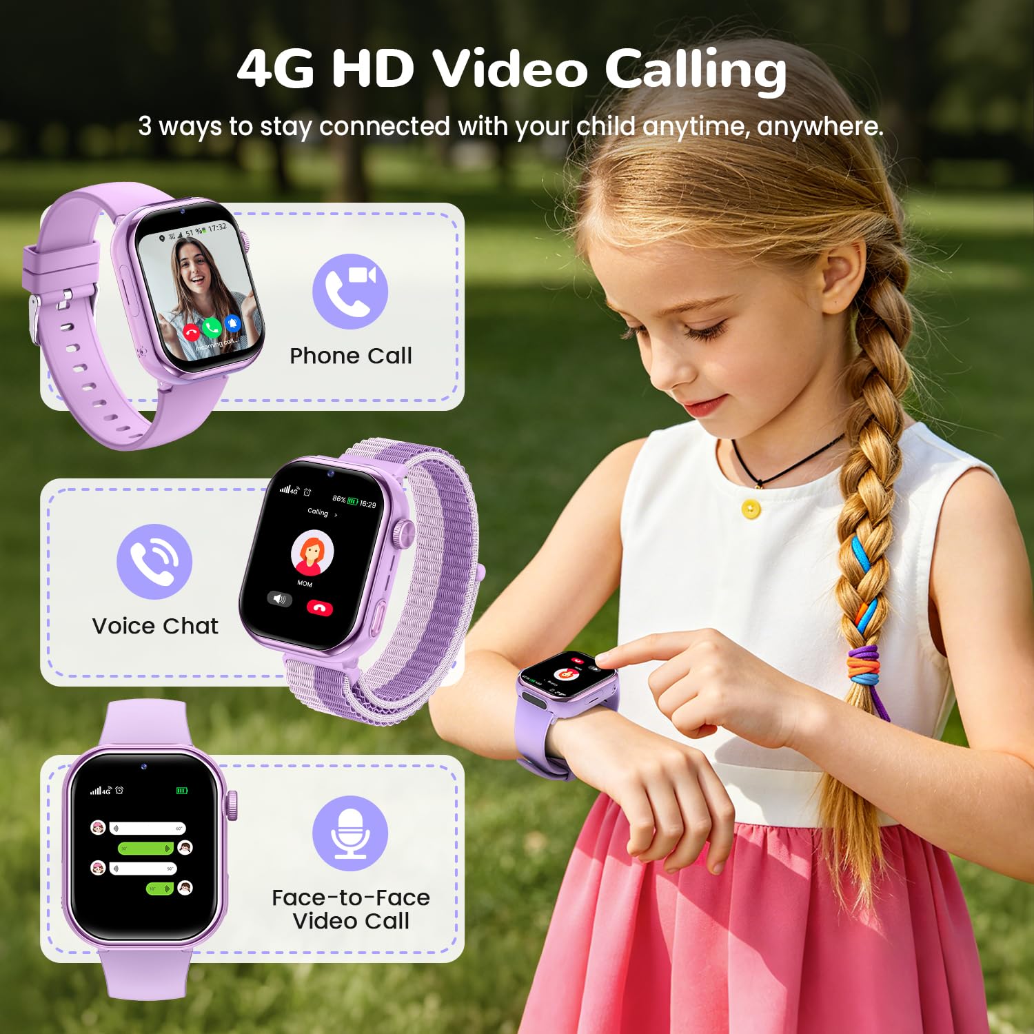 Smartwatch Kinder mit GPS und Telefon, Kinderuhr mit SIM, Videoanrufe, IP68, Lila