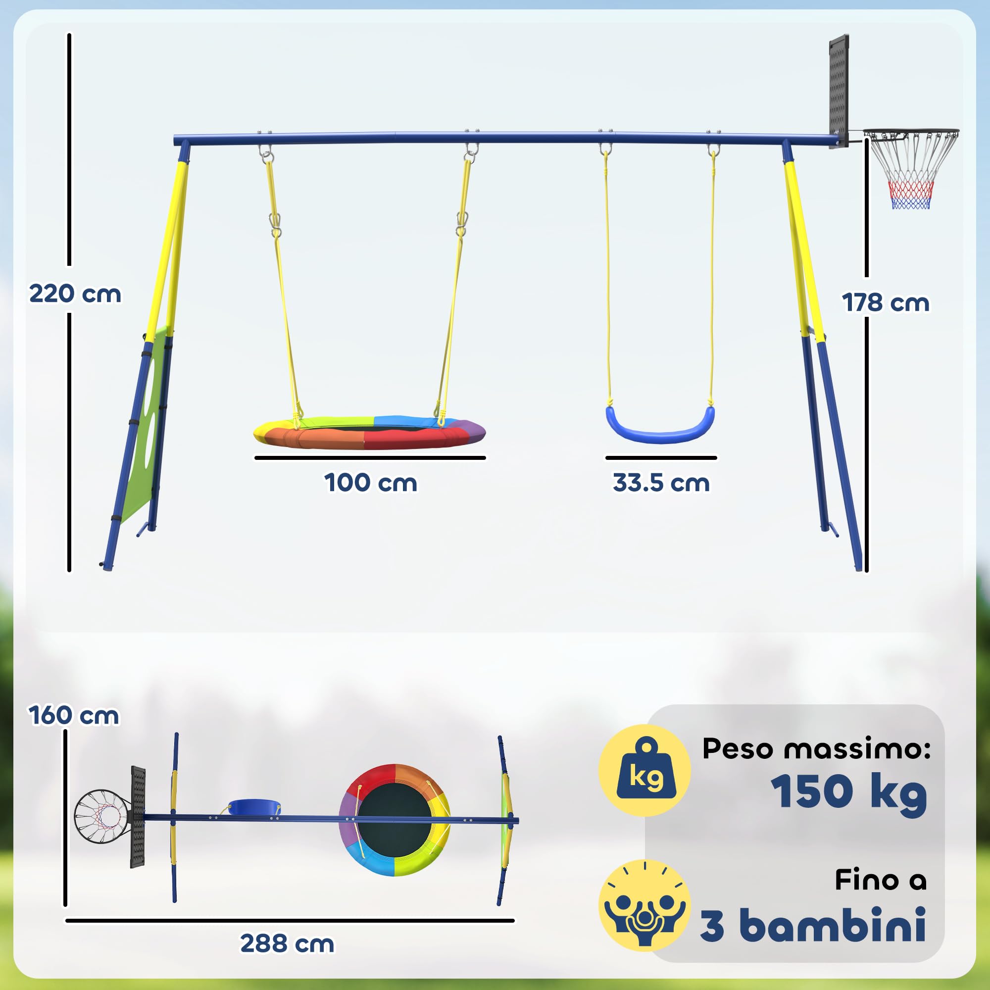 AIYAPLAY Set Altalena da Giardino 4 in 1 per Bambini con 2 Altalene, Canestro da Basket, Porta da Calcio, Supporto ad A in Acciaio, Capacità 150 kg, per Uso Esterno, 3-8 Anni, 288x160x220 cm