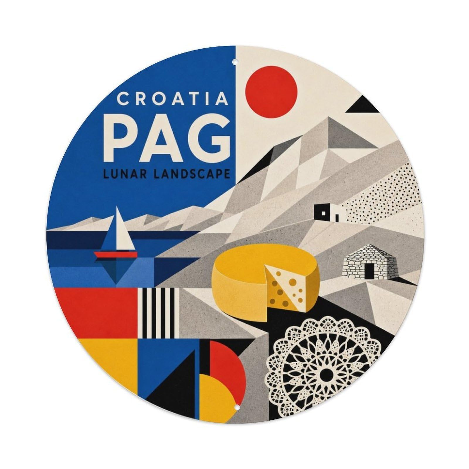 Pag Lunar Landscape Croatian Geometric Classic Scenery Metal Tin Sign Plaque Wall Decor for Cafe, Man Cave, Club Bar, Office, Home Garden Round Metal Poster 8x8Inch