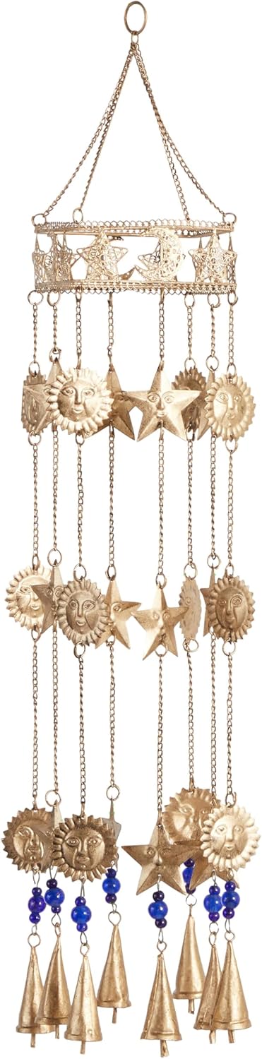 Deco 79 Metal Sun and Star Handmade Indoor Outdoor Windchime Wind Chime with Glass Beads and Cone Bells, Hanging Ornament 5' x 5' x 32', Gold