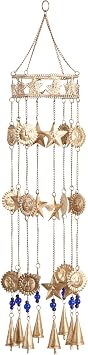 Deco 79 Metal Sun and Star Handmade Indoor Outdoor Windchime Wind Chime with Glass Beads and Cone Bells, Hanging Ornament 5 x 5 x 32, Gold