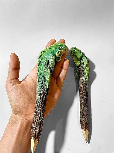 Miniatura 5 de Juego de 2 lápices de madera Iguana aserrín escultura de color verde camaleón King lindo animal creativo papelería escuela y oficina suministros