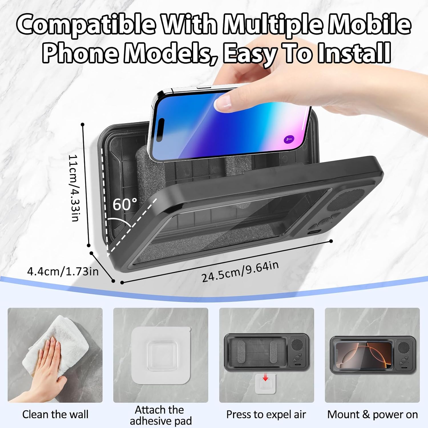 Shower Phone Holder with Wireless Bluetooth Speaker,2026 New Waterproof 480 Rotation Viewable Shower Phone Case Speaker for Any Phone, Wall Mounted Phoneholder Stand for Bathroom Mirror (Black)