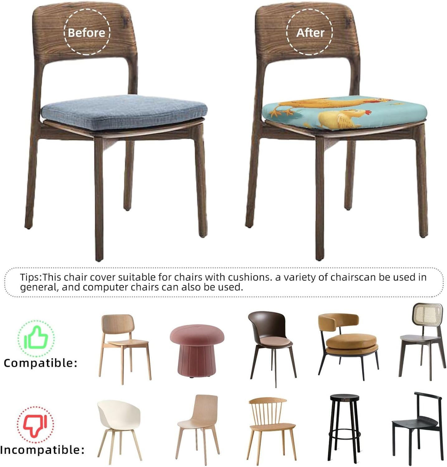 Creative Cartoon Chicken Print Square Cushion Covers 6 Pcs Set Elastic Non-Slip Seat Cushion Slipcovers Pet Furniture Protectors for Chair, Sofa