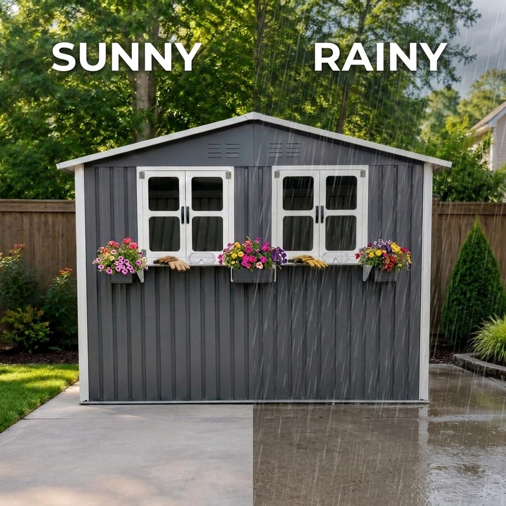 Gartenhaus Metall 275,7x181,7cm Geräteschuppen mit 2 Fenstern und Blumenregal Doppeltüren Wasserdicht für Garten Terrasse