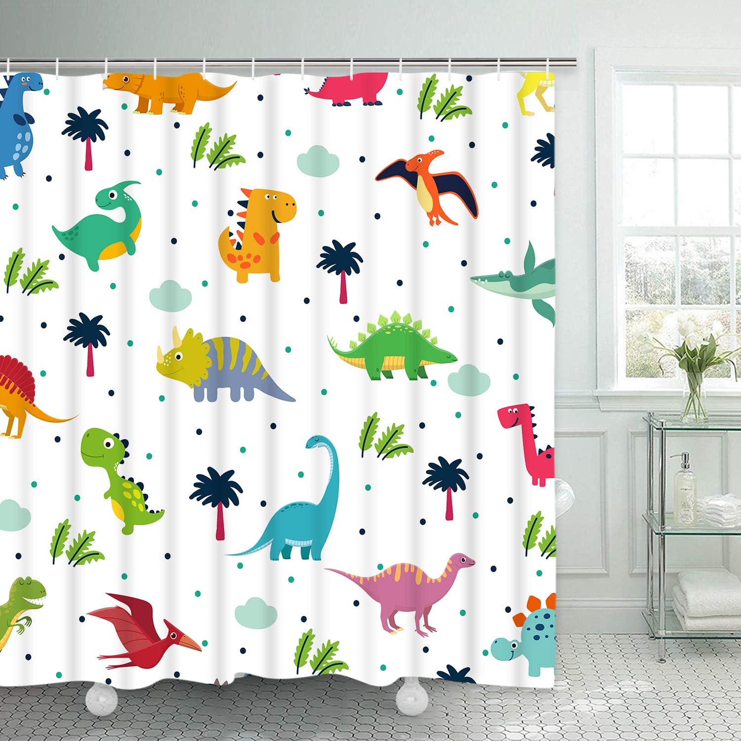 Claswcalor Dinosaurs Shower Curtain, Cute Dinosaurs Shower Curtain with