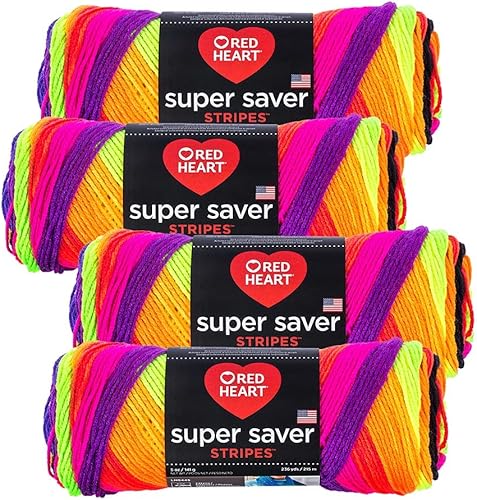 Red Heart Super Saver - Ovillo de estambre (paquete de 4 madejas de 5 onzas) (rayas brillantes)