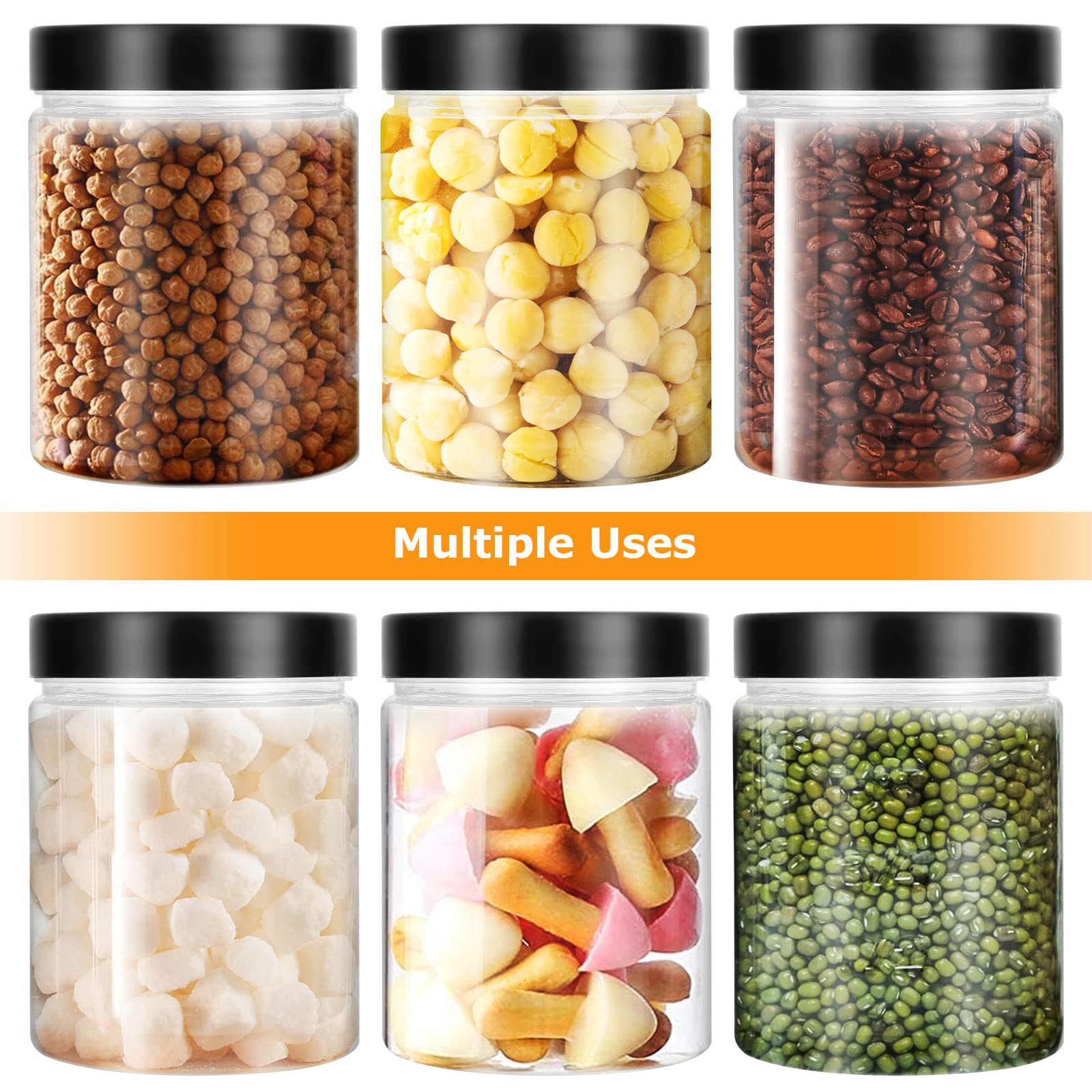 24 tarros de plástico de 250 ml con tapas, tarros de plástico transparente pequeños tarros de plástico con tapas de rosca negras, manualidades, almacenamiento de cocina