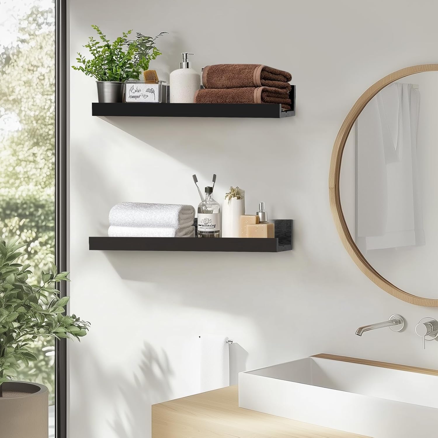 Muzilife 45.3" Large Floating Wall Ledge Shelves with Lip - Set of 2 Wood Floating Shelves - Black Wall Mounted Picture Ledge for Office, Bathroom, Bedroom, Living Room, Kitchen Black 45.3"