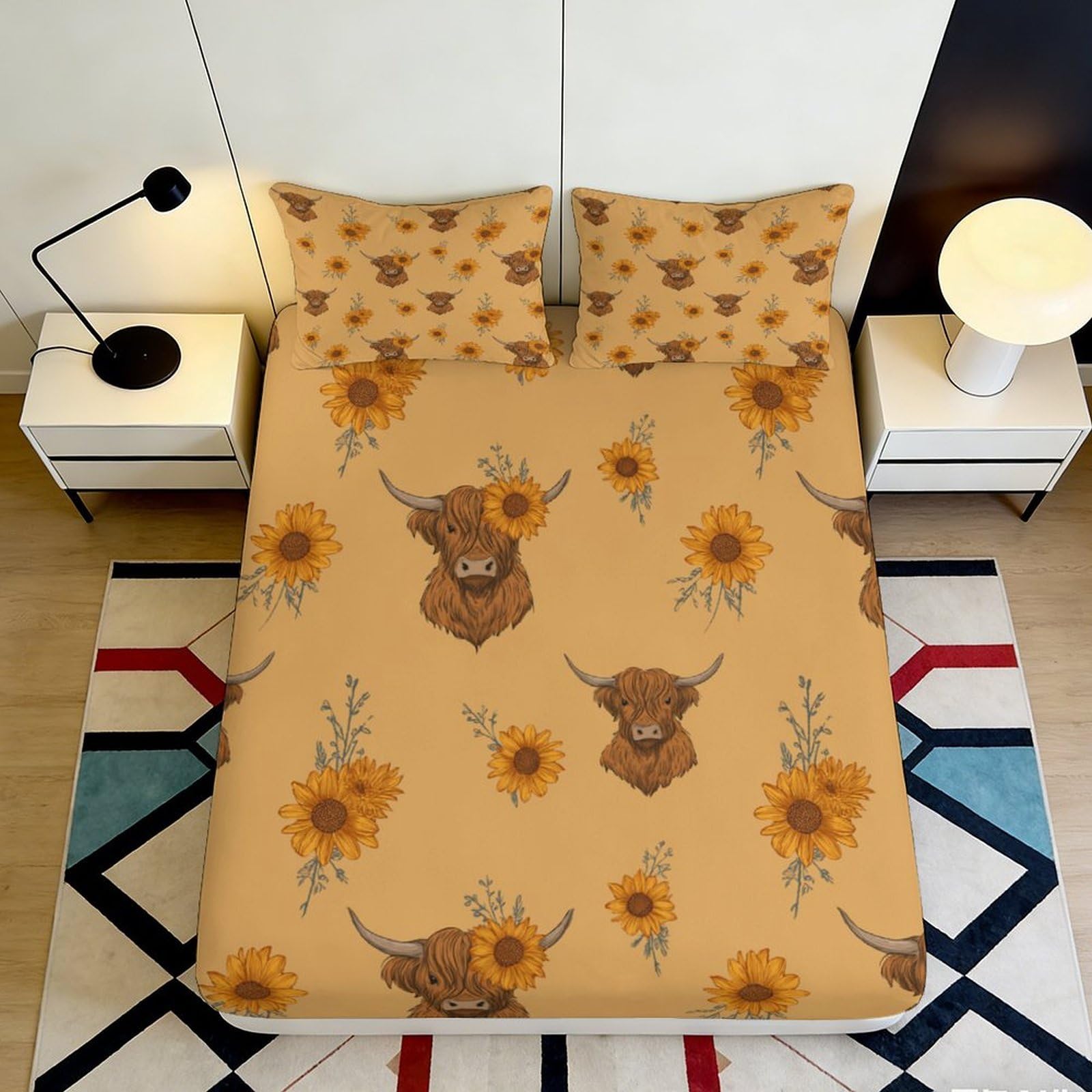 3D Printed Highland Cow Sunflower Fitted Sheet Microfiber Non-Slip Bed Cover for Bedroom Guest Room Mattress Protection Decor 120x200x25cm