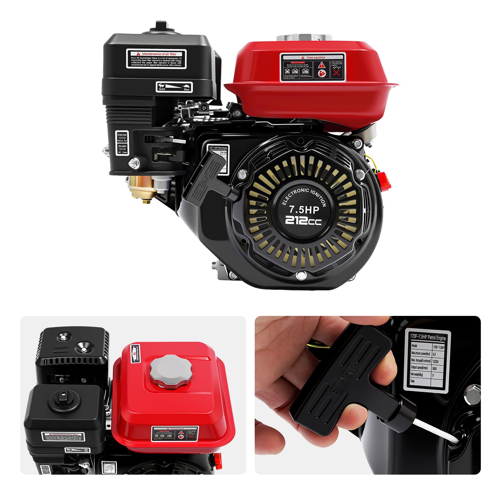 5,5kW Moteur à Essence, 4 Temps Moteur Motoculteur, Moteur Motoculteur, 212cc Mini Moteur Thermique, Alerte Niveau d'Huile, Silencieux, Alimenter la Machine pour Pompe & Tondeuse