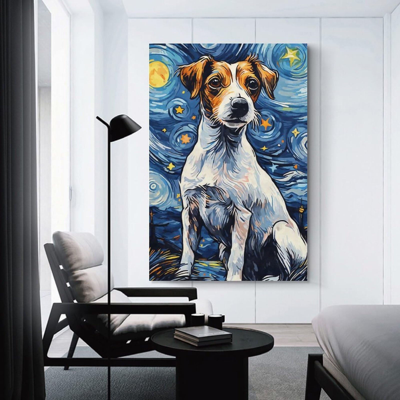 Junmoney Canvas Art Print Jack Russell Terrier Night, 24x36inch(60x90cm), for Office, Study Or Home Workspace, Home Office Artwork with Decorative Appeal