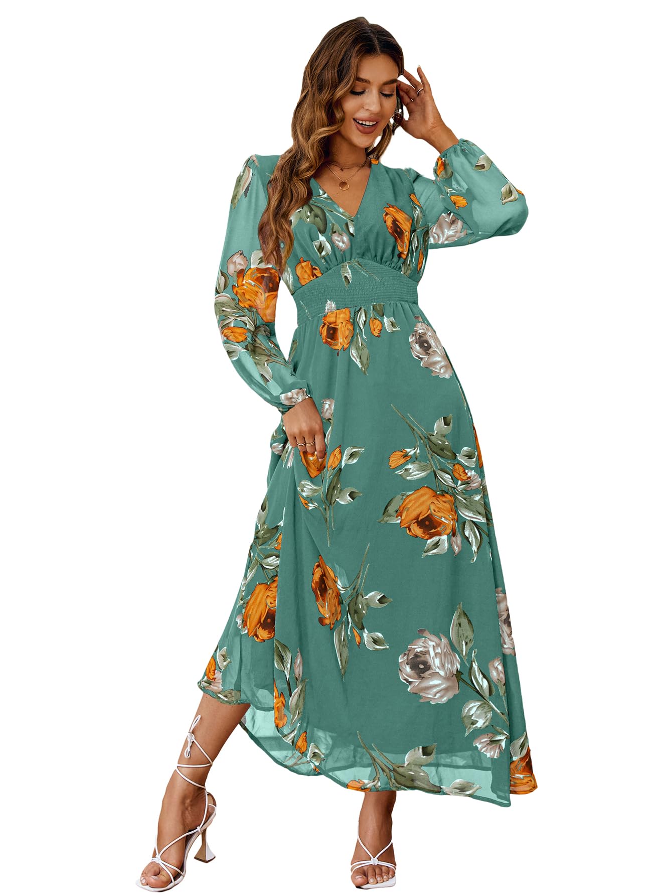 Simplee Women's Boho Floral Maxi Dress Flowy Casual V Neck Short Sleeve Wedding Guest Holiday Beach Long Dress