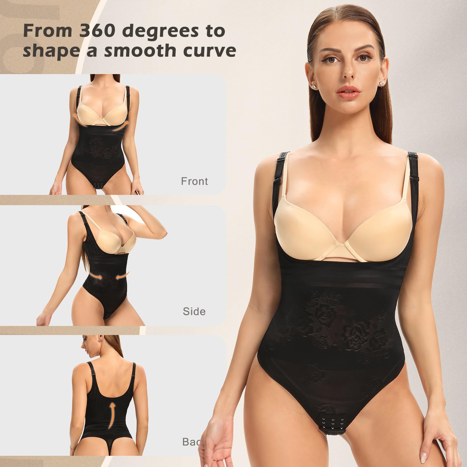 Joyshaper Body Damski Figurformujący Silnie Wyciągający Brzuch, Formujący Talię, Modelujący Bielizna z Haftkami Bodysuit, czarny, L