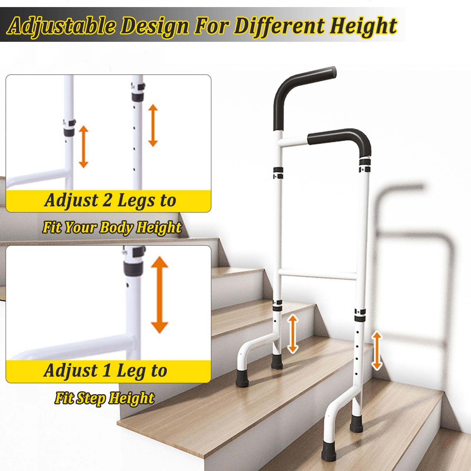 Aide à la montée d'escalier en aluminium - Hauteur réglable : 76 à 117 cm - Hauteur réglable - Pour personnes âgées et adultes - Charge maximale : 136 kg