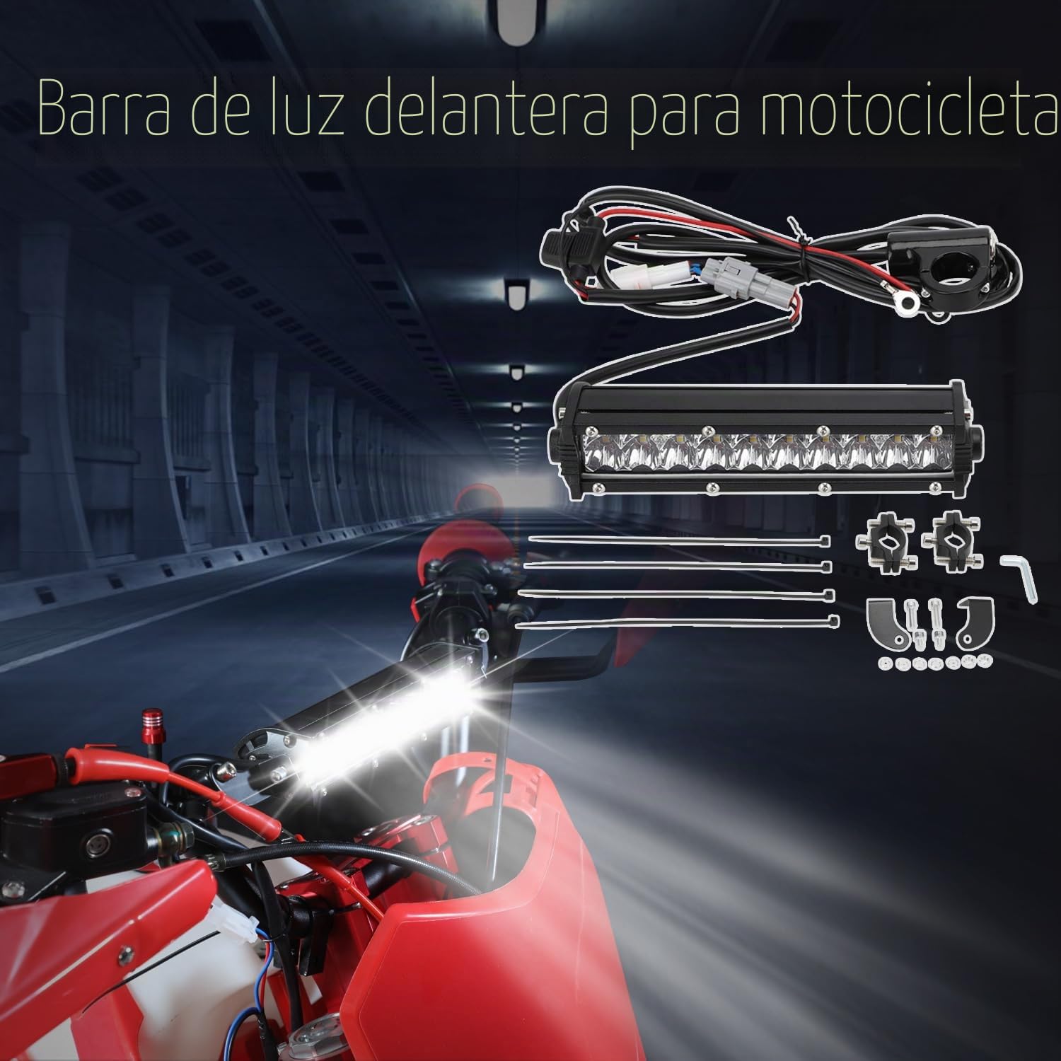Barra de luz LED doble fila 8 pulgadas, 10-30 V, luz impermeable todoterreno con kit de arnés, universal para manillares 7/8 pulgadas YZ125 YZ250F WR250F