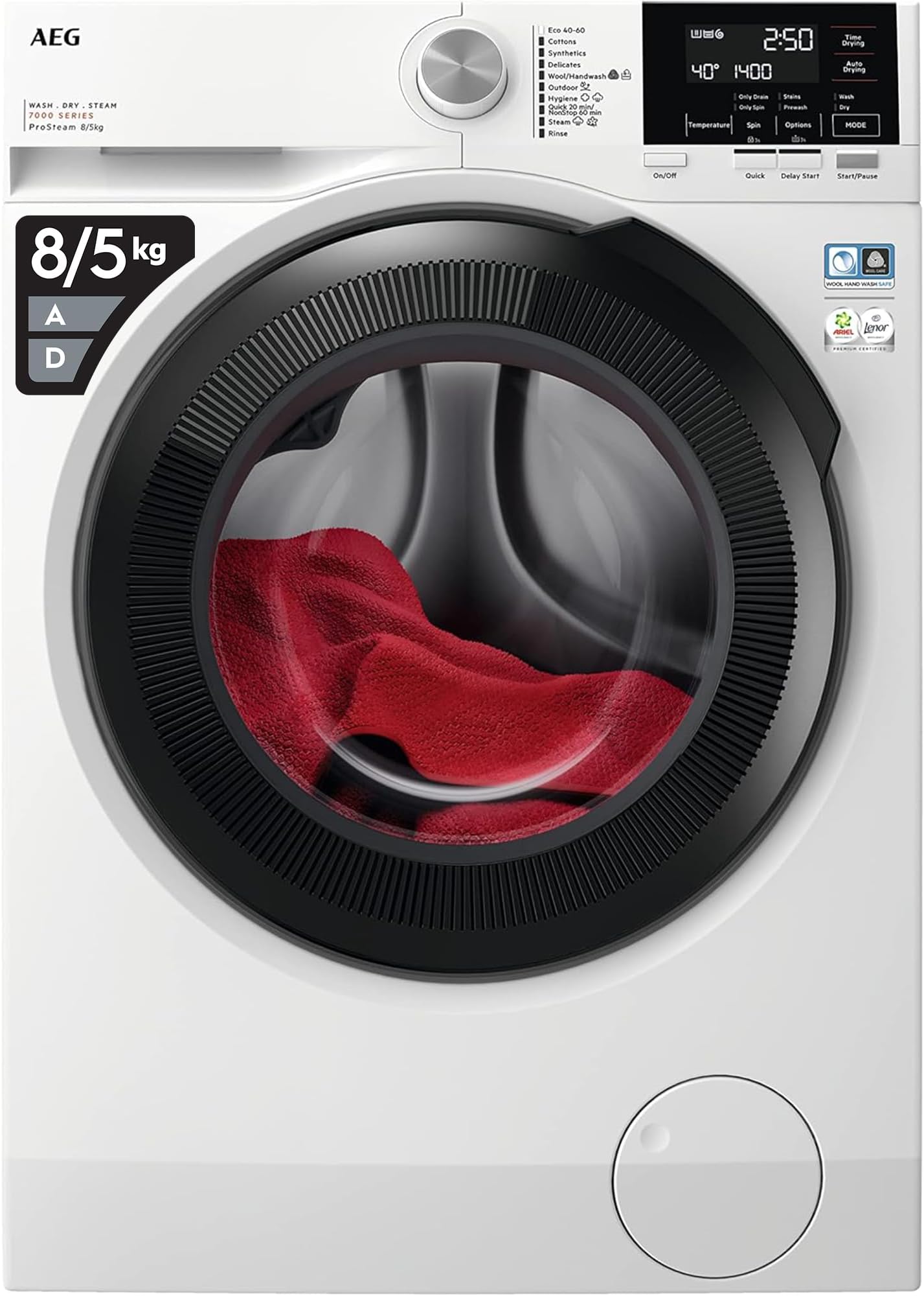 – 7000 Series Washer Dryer 8kg Wash/5kg Dry Load LWR7185M4B, Prosteam Freestanding Washer Dryer using 96% less water, 1400rpm Spin, Energy Class A, White