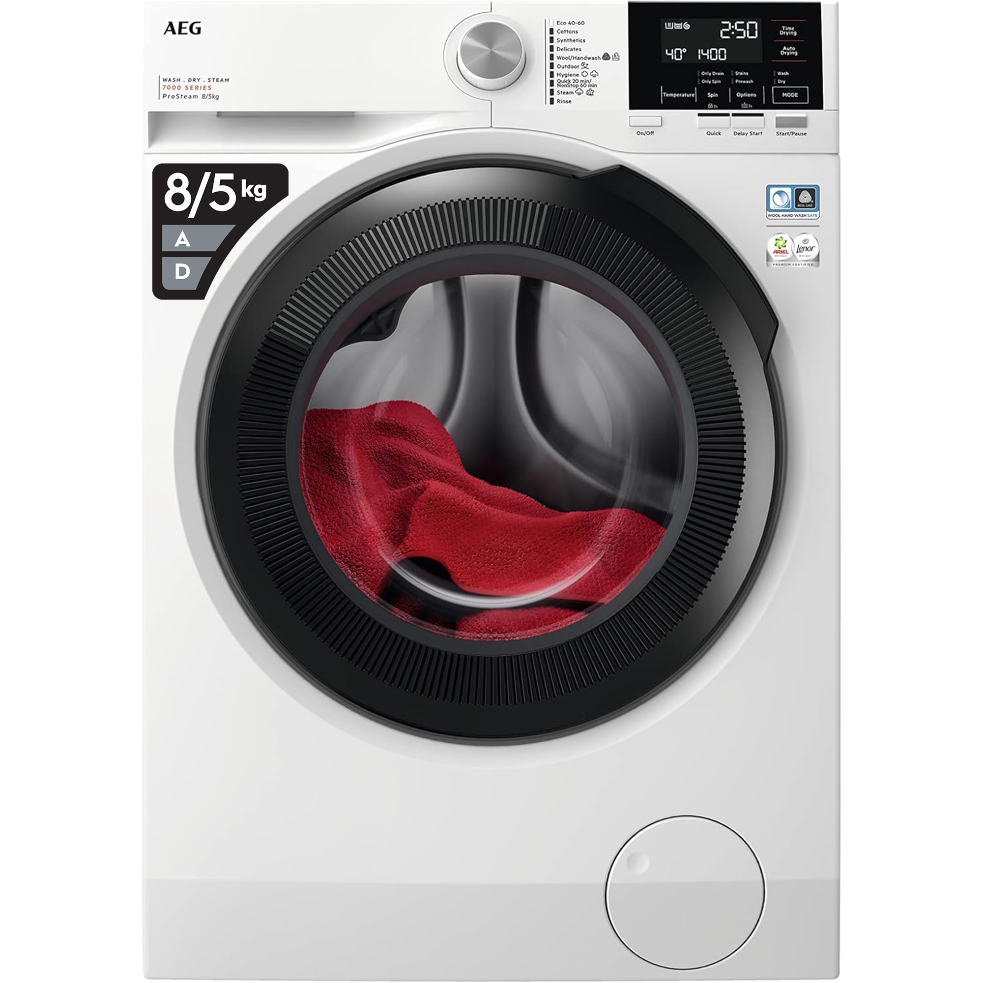AEG7000 Series Washer Dryer 8kg Wash/5kg Dry Load LWR7185M4B, Prosteam Freestanding Washer Dryer using 96% less water, 1400rpm Spin, Energy Class A, White
