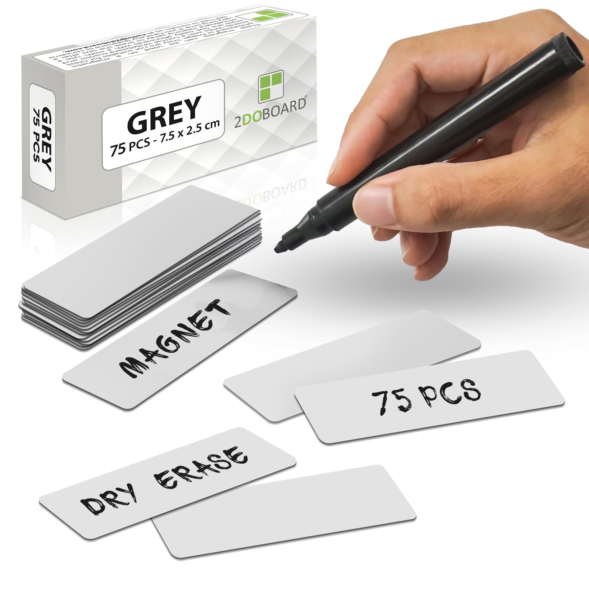 2DOBOARD Magnetic Strips Writeable – 7.5 cm x 2.5 cm Grey – Pack of 75 – Magnetic Signs for Writing on – For Fridge, Whiteboard & Blackboard – Magnetic Labels
