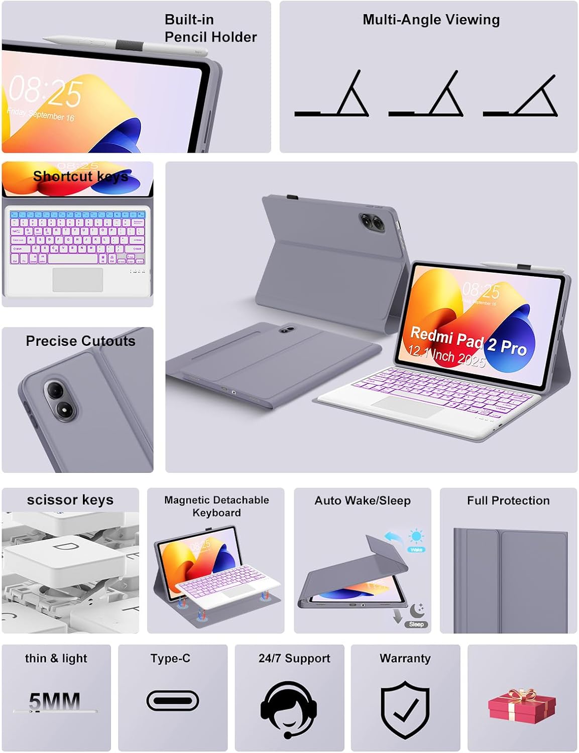 Keyboard Case for Xiaomi Redmi Pad 2 Pro 12.1'' 2025/Mi Pad Pro2024/Xiaomi Poco Pad 12.1Inch Case with Trackpad, for Redmi Pro 12.1in Tablet Detachable Wireless Touch Keypad with Backlit, Lavender