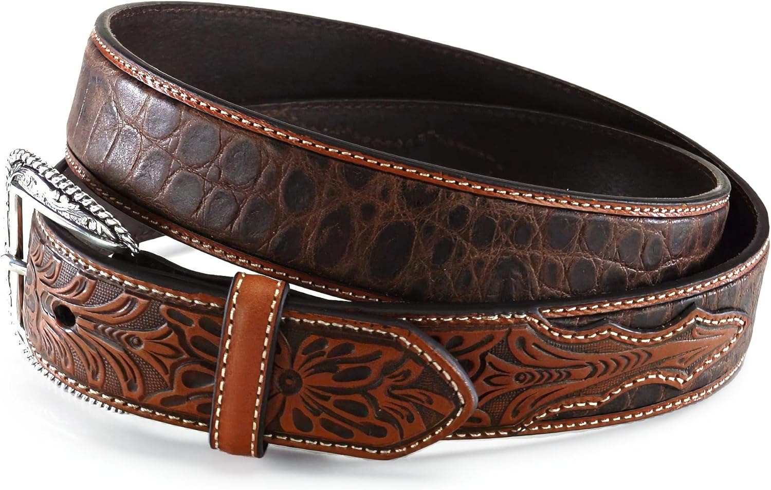 ARIAT Men's Two-Tone Floral Tab Crocodile Print Leather Belt - Image 6