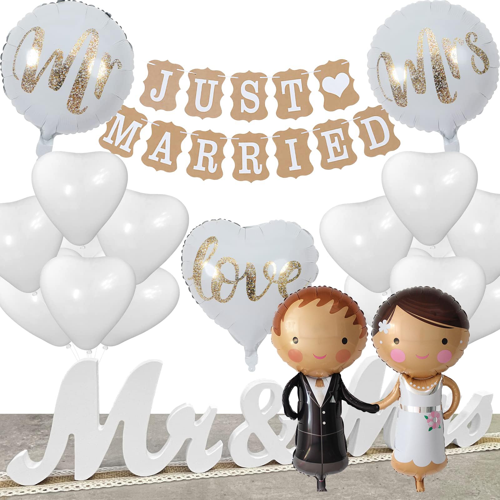 Mitdir Juego de 29 piezas de decoración de boda Just Married, decoración Mr y Mrs, figuras de boda, globos de helio, oficina de registro, compromiso, boda, fiesta, boda, decoración, color blanco