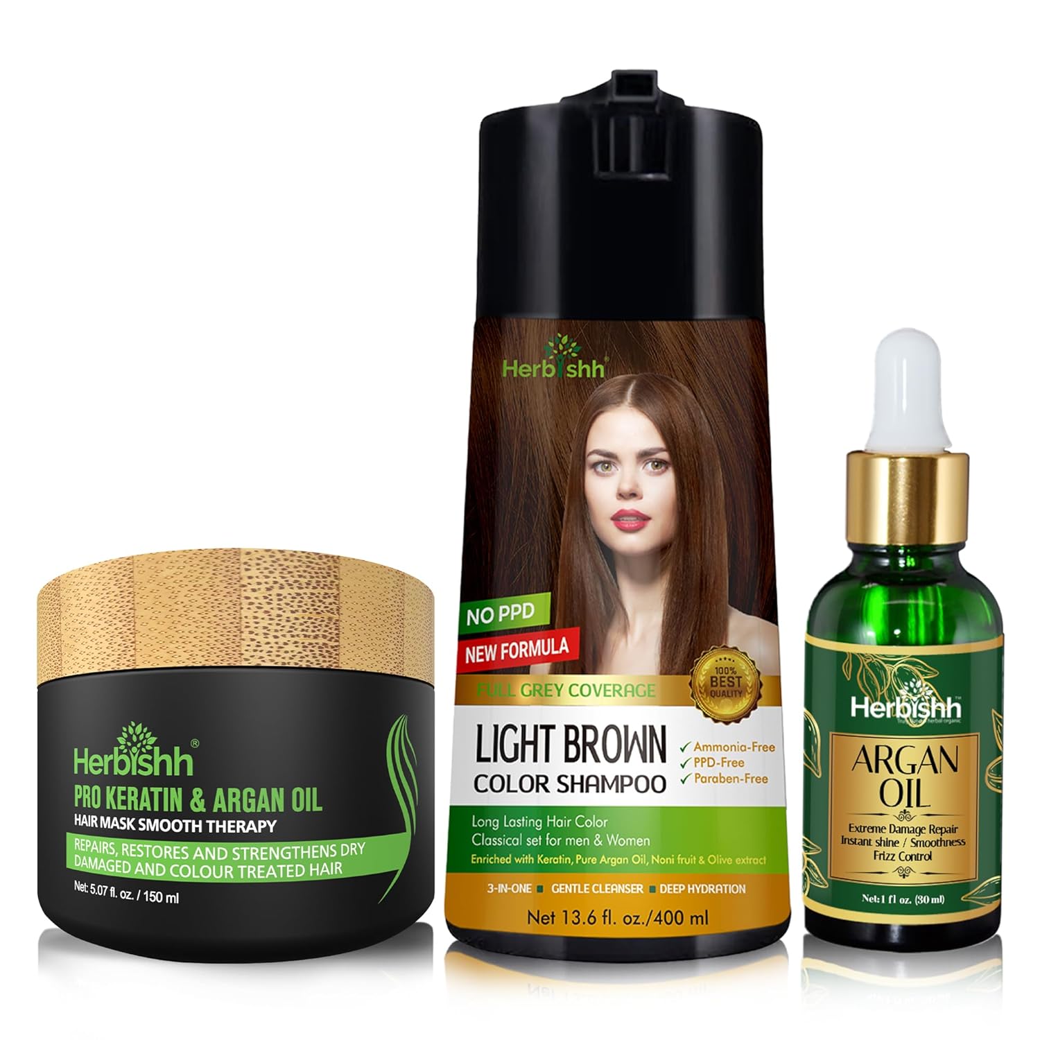 Herbishh C3 Combo (Color + Repair + Condition) with Hair Color Shampoo Light Brown 400ml + Argan Oil 30ml and Hair Mask 150gm - Hair Dye Shampoo for Grey Hair | Gift Set for Parents, Men and Women |