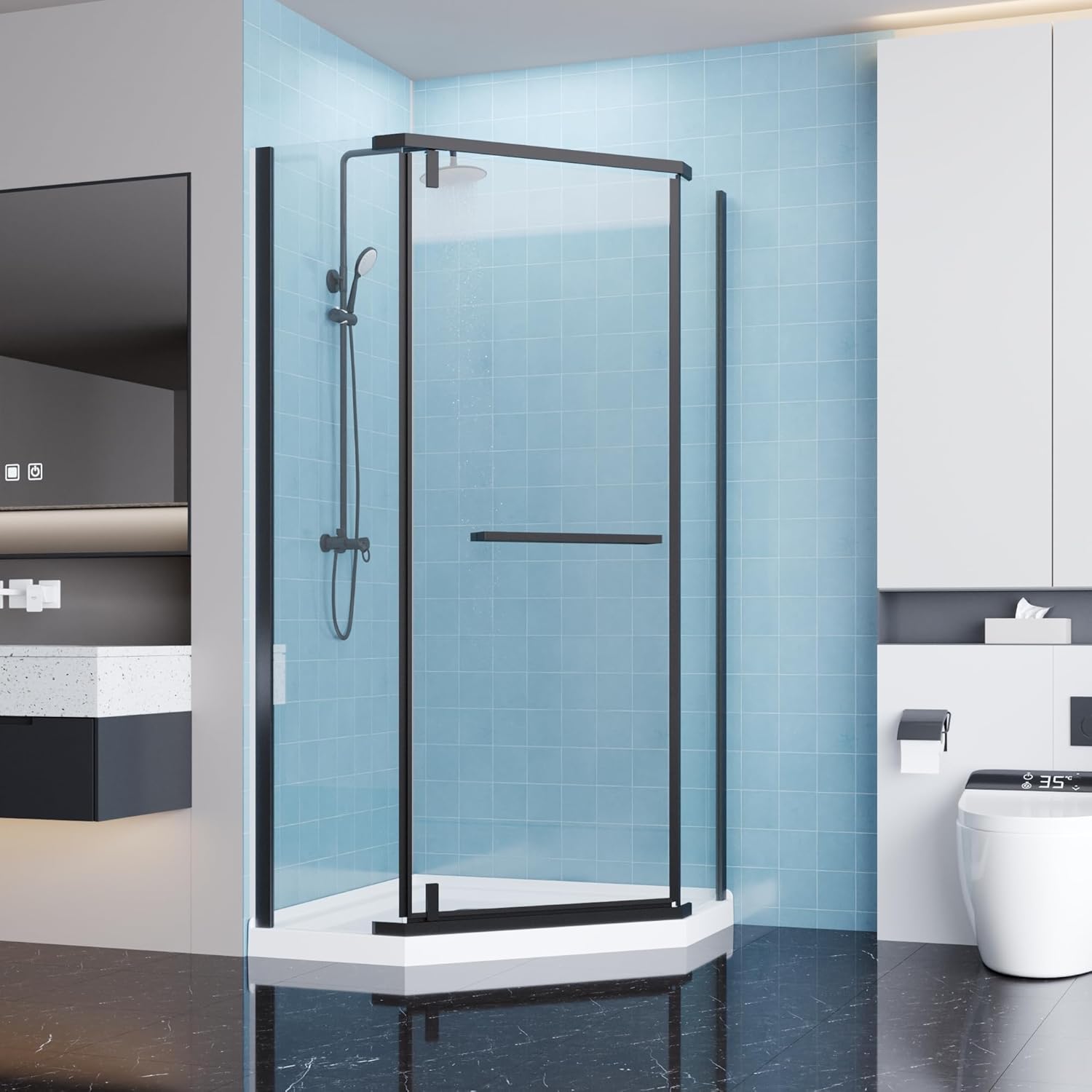 casaphoria neo-angle frameless shower door 36" d x 36" w x 72" h corner shower enclosure, 1/4" sgcc tempered glass pivot shower doors, matte black?without shower base? matte black without shower base
