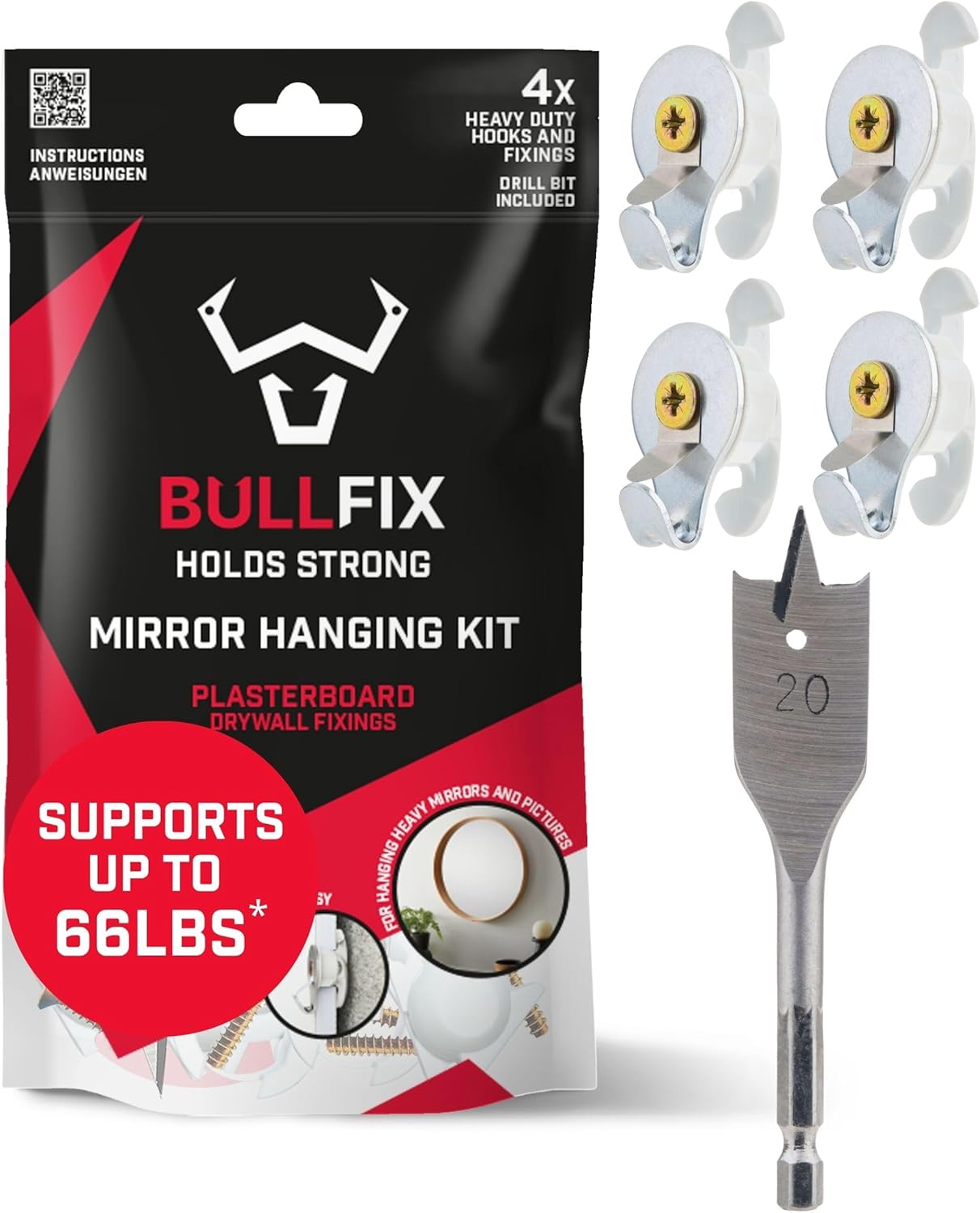 Bullfix Mirror/Picture Hanging Kit - Heavy Duty Drywall Anchors for Pictures, Mirrors and Canvases - 4 Universal Fixings with Collars, Picture Hangers for Drywall & 13/16” Drillbit, Mirror Hanging Kit