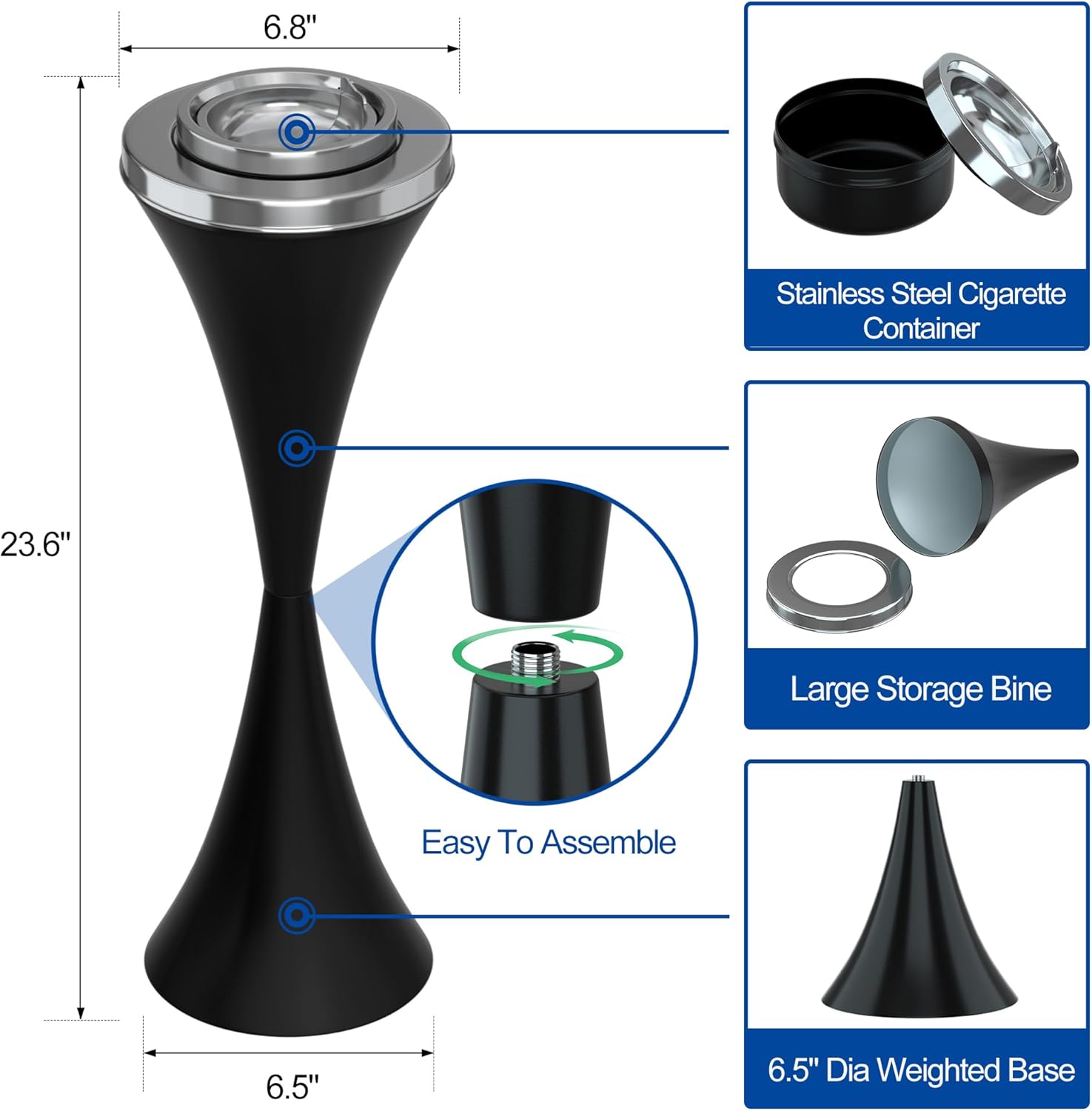 RELIANCER Floor Standing Ashtray w/Detachable Cigar Container,Stainless Steel Cigarette Ash Tray,Outdoor Self-Cleaning Ash Holder w/Weighted Base,Cigarettes Butt Receptacle Disposal for Home Patio