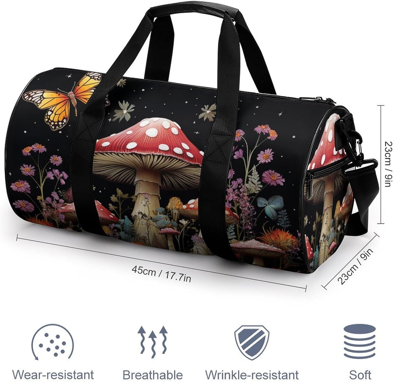 Mushrooms And Butterflies on Black Background Gym Bag Hand-held Fitness Bags Cylindrical Fitness Bag with Shoe Large Compartment Duffle Bags for Travel Sports Unisex image 2