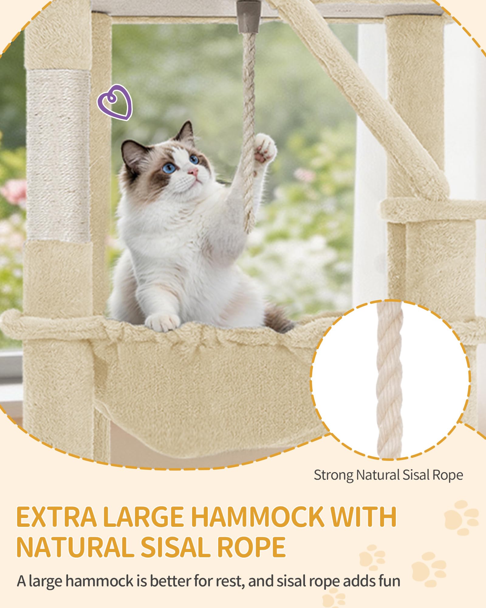 Hzuaneri Albero Tiragraffi Grande per Gatti, Torre per Gatti da Interno 183 cm con 2 Piattaforme, 2 Grotte, Cesta, Amaca e 6 Pali Tiragraffi, Ideale per Maine Coon e Tutte le Razze, Beige, MS18318YL