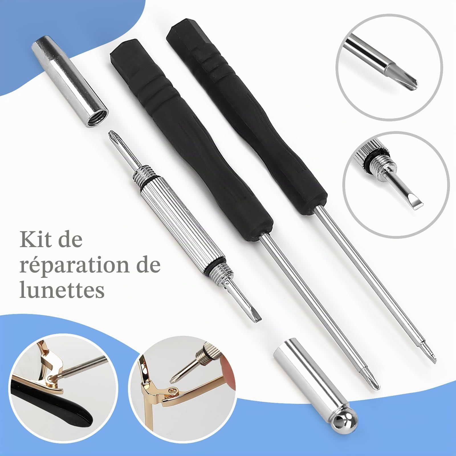 Kit d'outils de réparation de lunettes doré - Kit de réparation de lunettes de vue avec vis à lunettes, plaquettes de nez, petit tournevis, pince à épiler pour lunettes, lunettes de soleil, montre