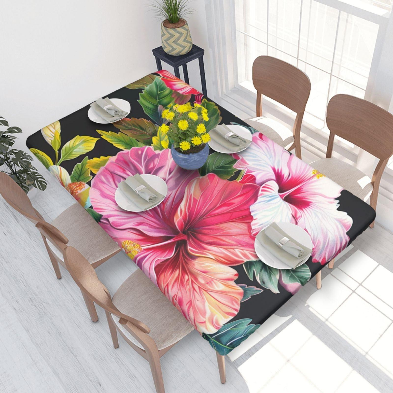 WPKJU Hibiscus Flowers Print Printed Tablecloths 4ft Rectangular Table Covers Washable Polyester Decorative Table Cloth for Dining Table Picnic Wedding