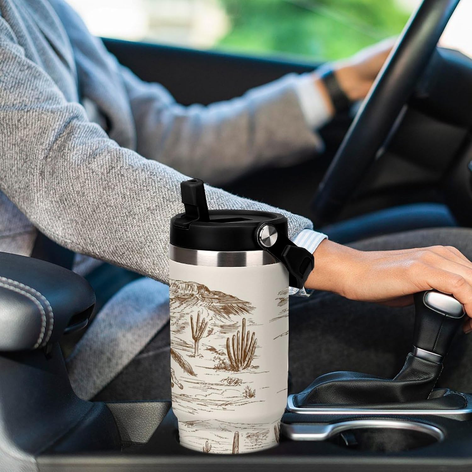 Cowboy Tumbler with Handle Flip Straw Western Desert 30oz Insulated Stainless Steel Cup Vintage Travel Coffee Mug Water Bottle for Women - Image 5