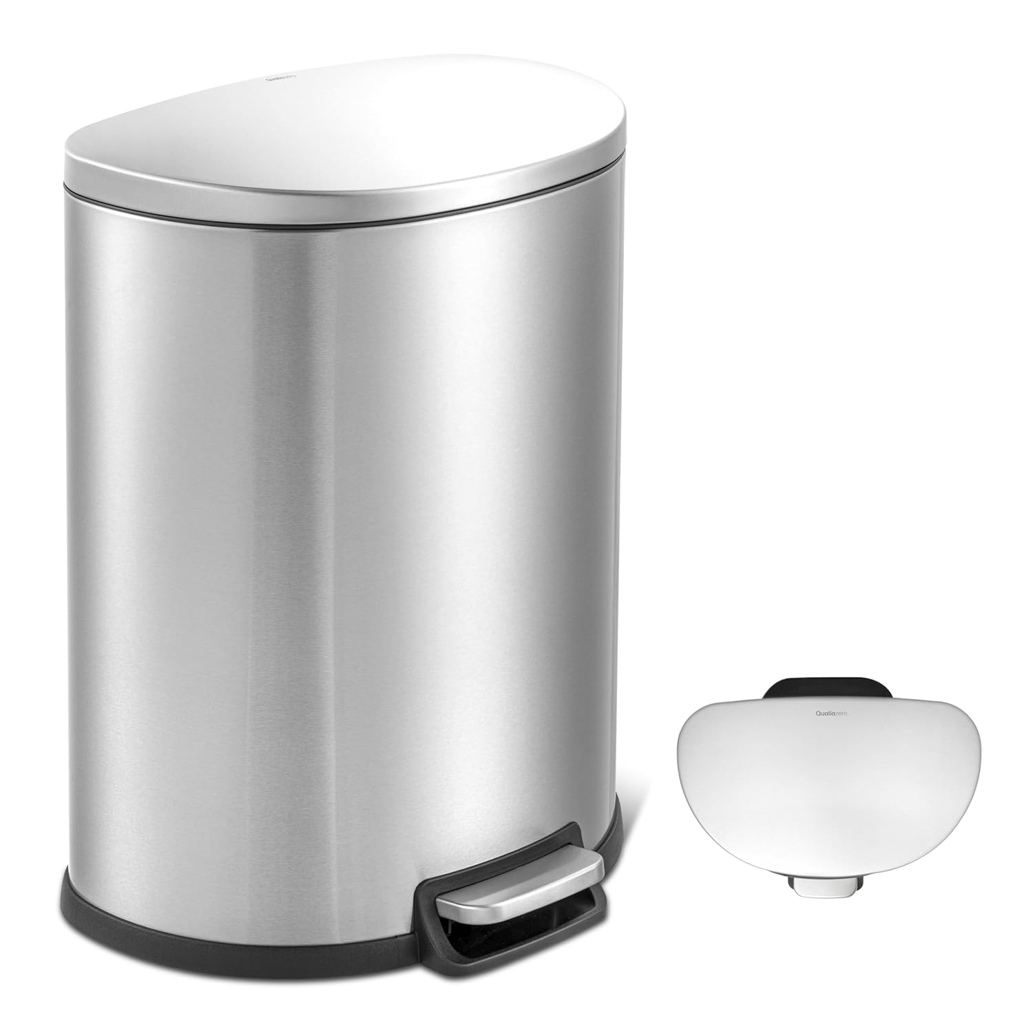 QUALIAZERO 50L / 13 Gallon Stainless Steel Step-On Kitchen Trash Can Soft-Close Lid, Fingerprint-Resistant, Removable Liner, Slim D Shape Modern Design for Home, Office, Commercial (Stainless Steel)