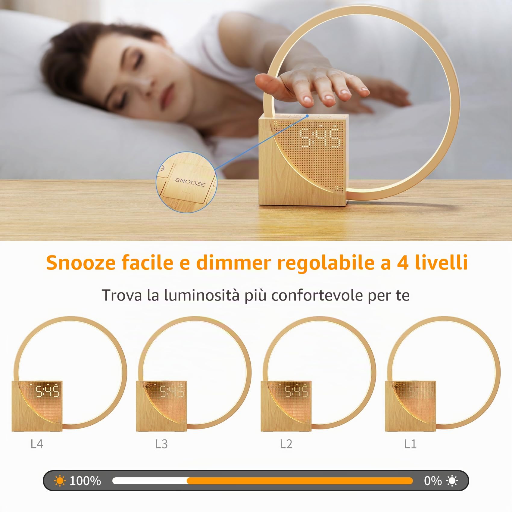 Lampada Da Comodino a LED con Sveglia, Porte di Ricarica USB, Touch Dimmerabile, Wake Up Light con Due Allarmi, 10 Suoni Naturali per Adulti e Bambini, 3 livelli di Luminosità per Camera da letto