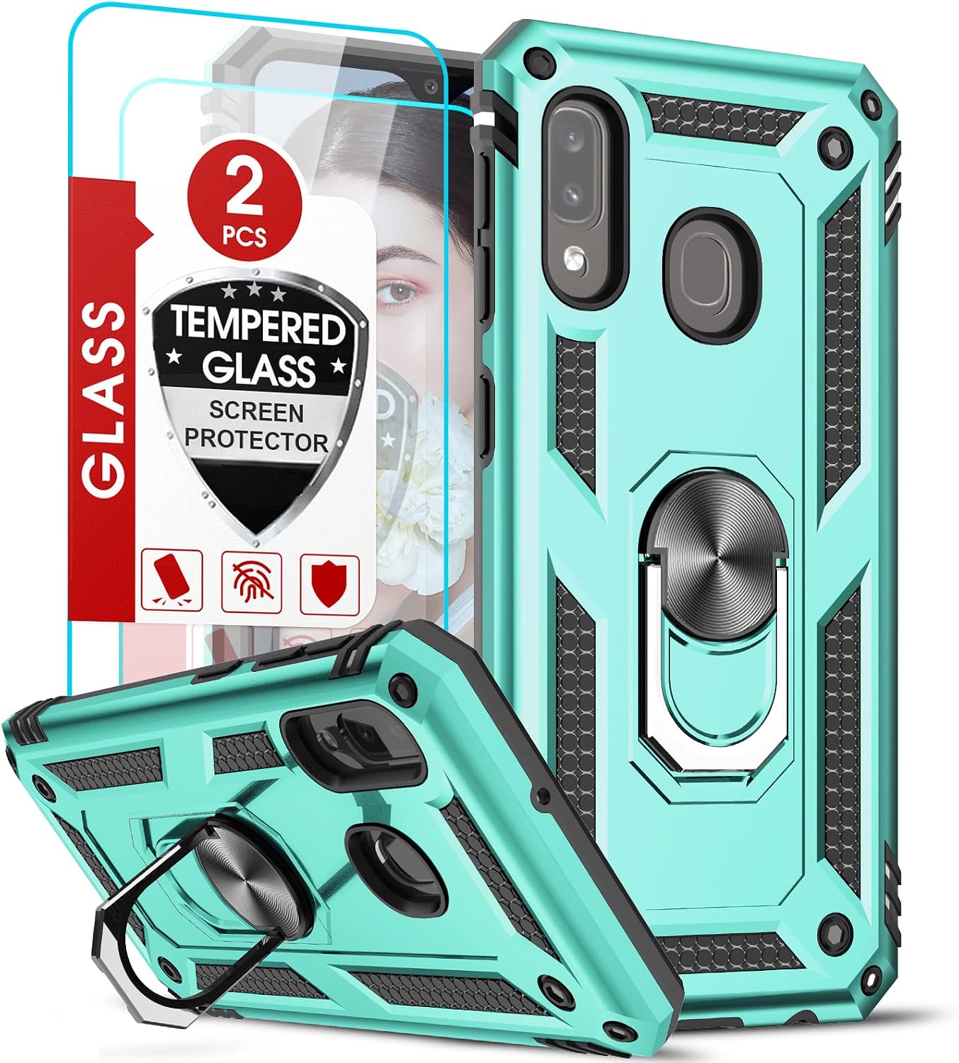 LeYi Compatible for Galaxy A20 Phone Case, Samsung Galaxy A20/ A30 Case (Not Fit A20S) with Tempered Glass Screen Protector, [Military-Grade] Kickstand Cover Case for Samsung A20/ A30, Mint